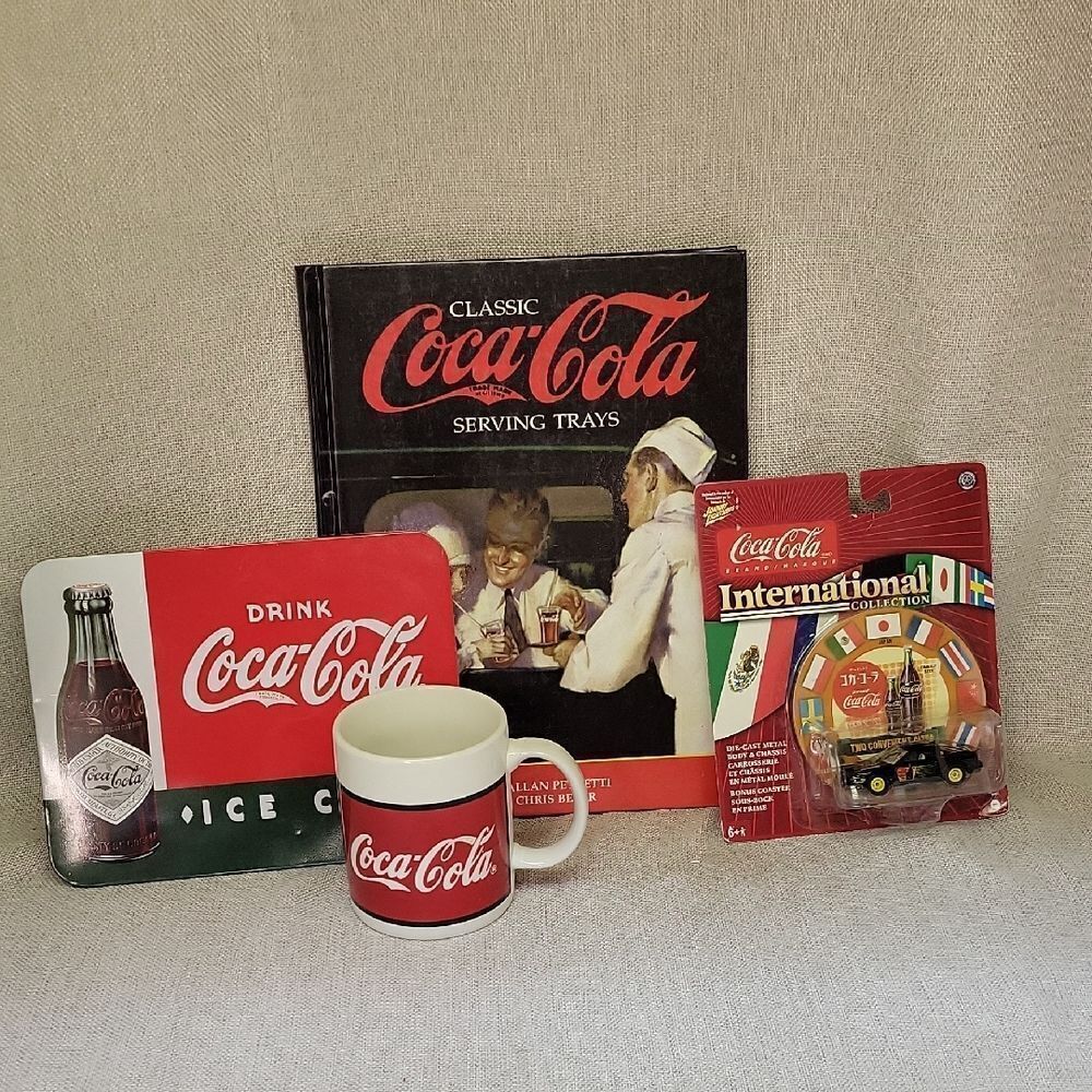 Coca-Cola Collectible Bundle Tray Collectible Book, Mug, Hot Plate, 1989 Nissan